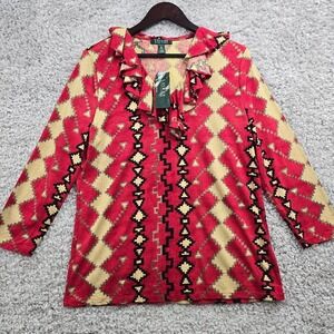 Lauren Ralph Lauren Southwestern Ruffle Top Womens XL Red Geometric 3/4‎ Sleeve